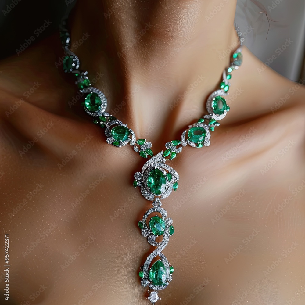 Close-up of a necklace on a woman's neck. Jewelry, romantic gift. Illustration for advertising jewelry. Close-up of a necklace on a woman's neck. Jewelry, romantic gift. Illustration for advertising jewelry.