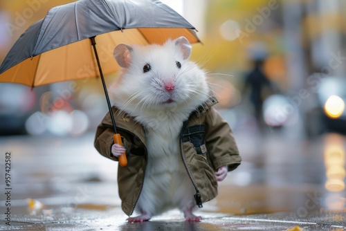 Small white hamster in autumn jacket under grey umbrella outside on cloudy fall day in the city