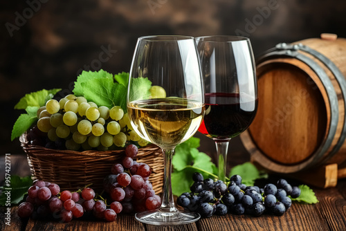 Two glasses with red and white wine and bunches of different types of grapes on wooden table against brown wall, still life with drink and fruits, tasting at the winery.