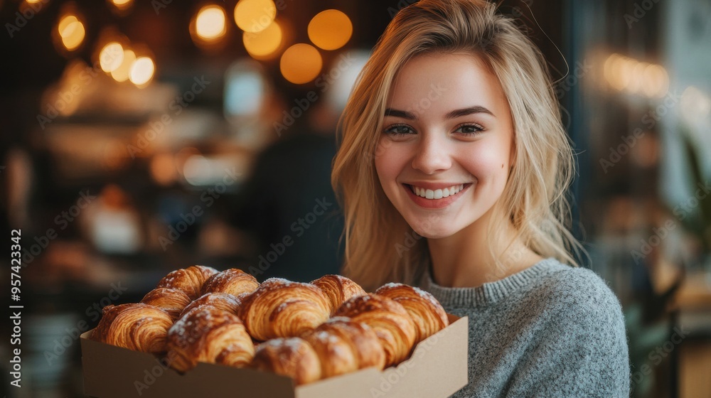 Radiant Blonde Woman Savoring Fresh Croissant in Cozy Cafe Radiant Blonde Woman Savoring Fresh Croissant in Cozy Cafe