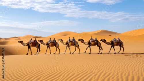 Camel Caravan Trekking Across Vast Desert Landscape