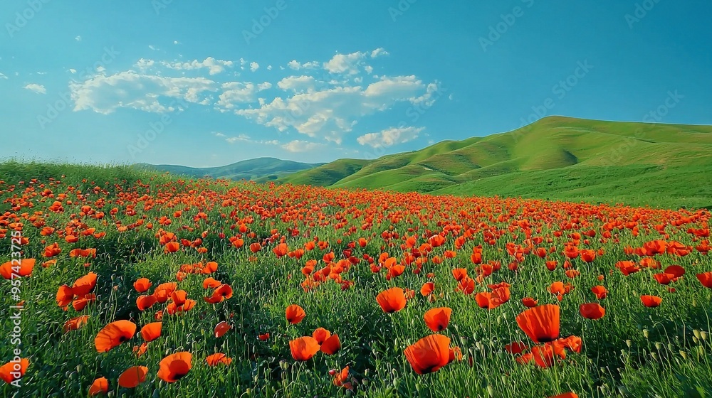   Red flowers under blue sky, green hills, clouds