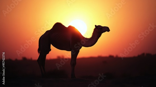 Lone Camel Silhouette Against Dramatic Desert Sunset