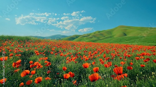  Red flowers under blue sky, green hills, clouds