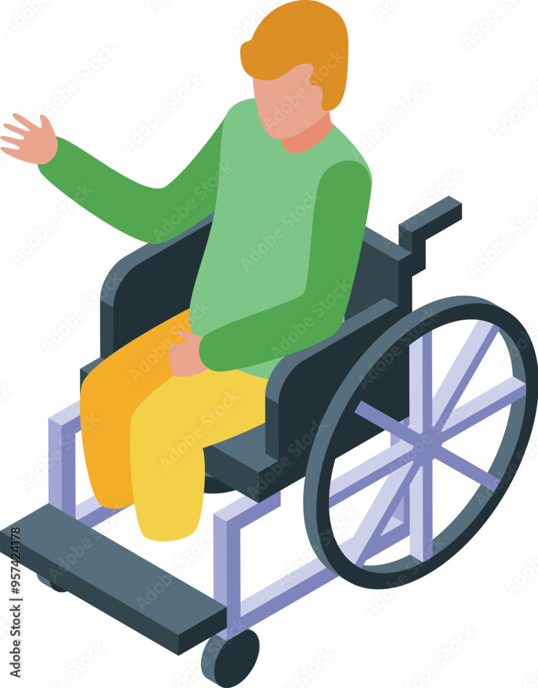 Isometric young man sitting in a wheelchair and gesturing with his hand raised Isometric young man sitting in a wheelchair and gesturing with his hand raised