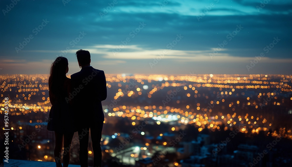 A couple standing on a rooftop at night, looking out over a sprawling cityscape filled A couple standing on a rooftop at night, looking out over a sprawling cityscape filled