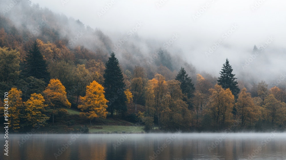 Misty Autumn Landscape with Vibrant Foliage and Serene Lake Misty Autumn Landscape with Vibrant Foliage and Serene Lake