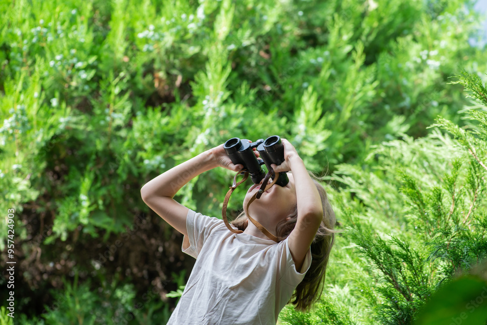 Child looks through binoculars in nature. Child looks through binoculars in nature.