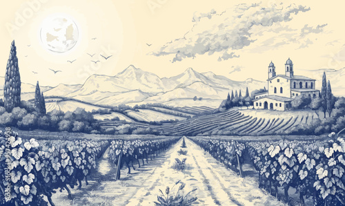 Linear vector illustration of a vineyard.