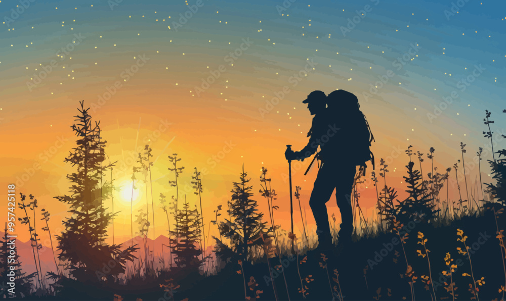 A silhouette vector of a person hiking. A silhouette vector of a person hiking.