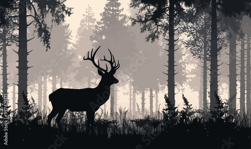 A silhouette vector of a deer in the forest.
