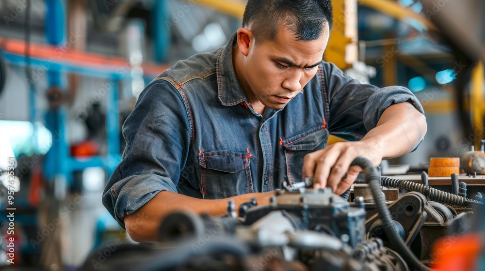 A man is standing next to a motorcycle, looking at the engine A man is standing next to a motorcycle, looking at the engine