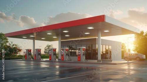 A gas station with a building and several pumps