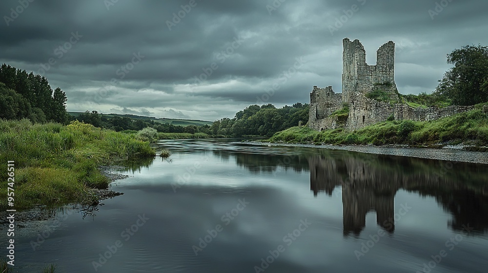   A castle rests atop a verdant hill overlooking a winding river amidst dense greenery