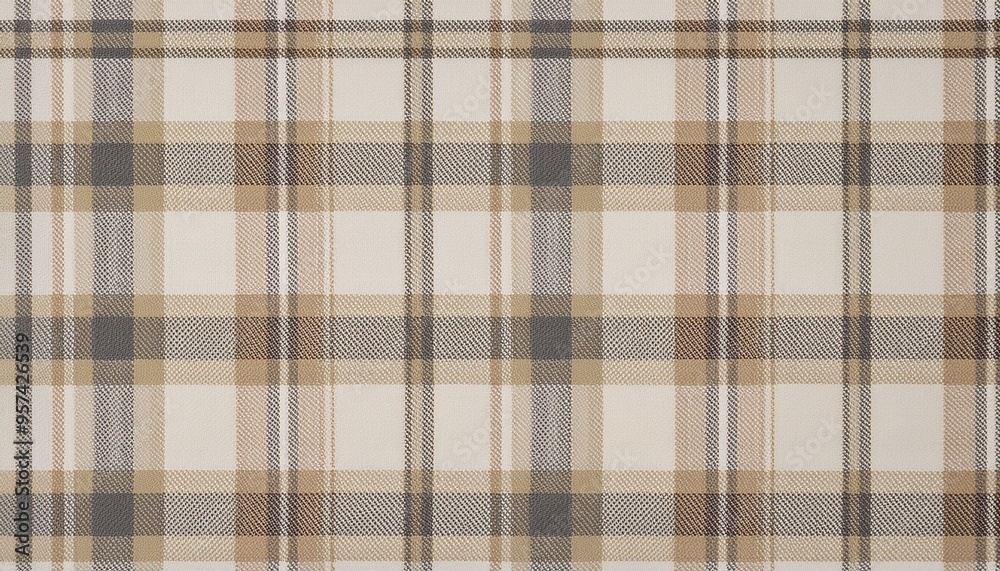 Plaid check pattern in tan beige, grey and white. Seamless fabric texture print.
Plaid check pattern in tan beige, grey and white. Seamless fabric texture print.