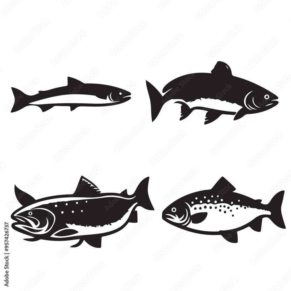 Silhouettes of salmon fish set vector with white background Silhouettes of salmon fish set vector with white background