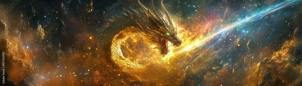 Majestic Cosmic Dragon Soaring Through Fiery Galactic Nebula Majestic Cosmic Dragon Soaring Through Fiery Galactic Nebula
