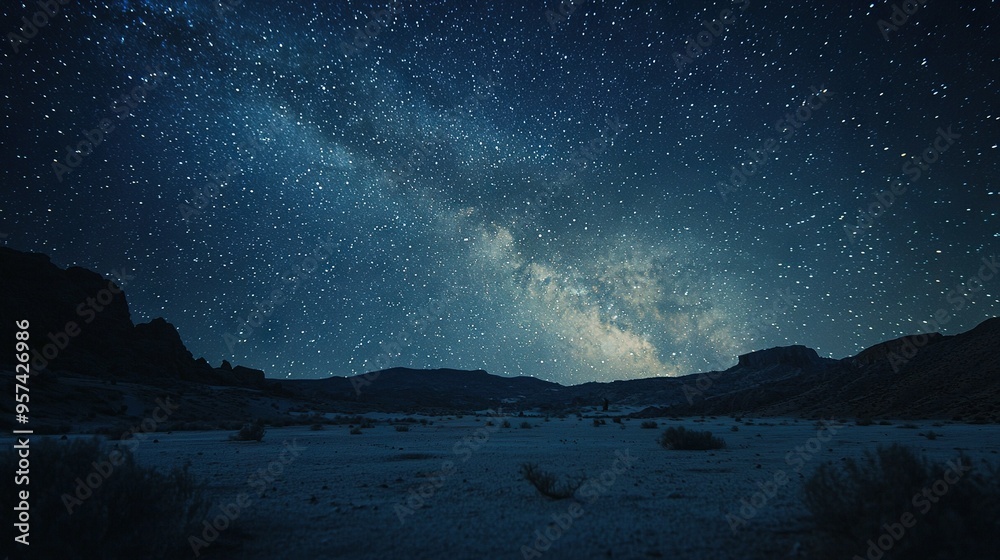 Naklejka premium The night sky is ablaze with stars and the Milky Way glows brilliantly over a barren desert landscape, framed by distant mountains