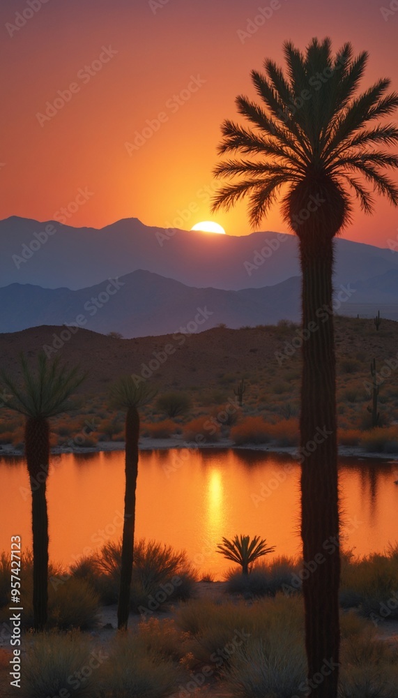 Naklejka premium Sunset over desert palm trees
