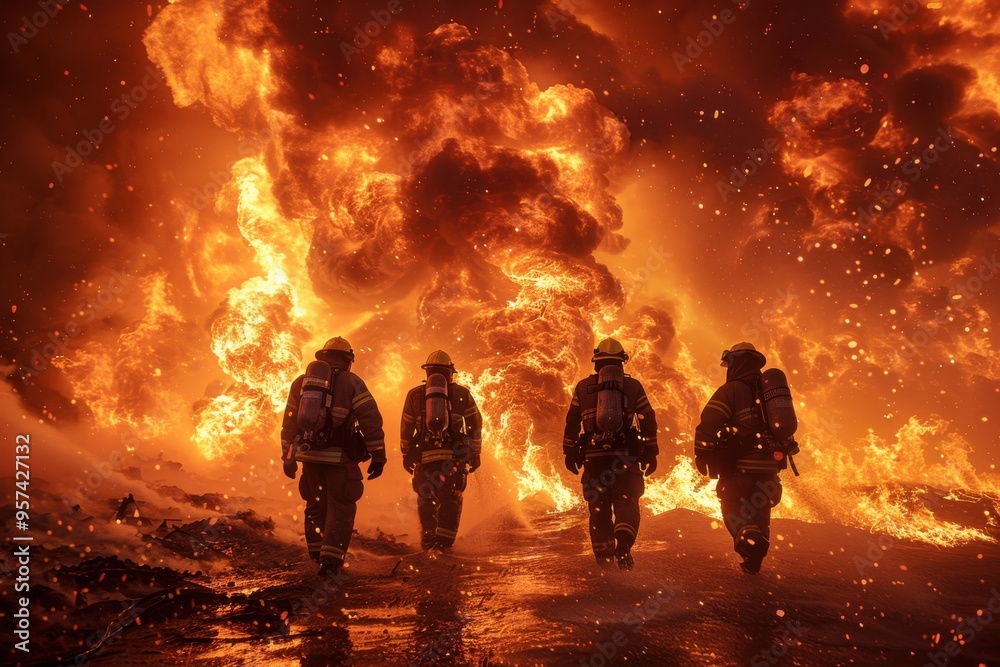 Four firefighters are walking through a burning building Four firefighters are walking through a burning building