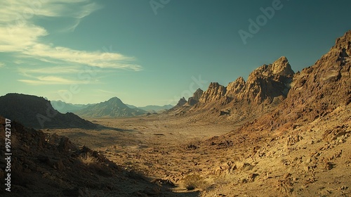  A mountain range in the desert, with rocks surrounding it