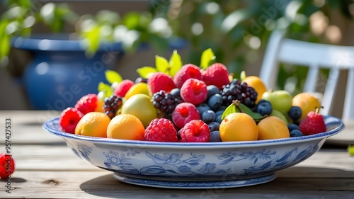 white dish filled with fruit on an antique blue wooden table in a sunny patio. 