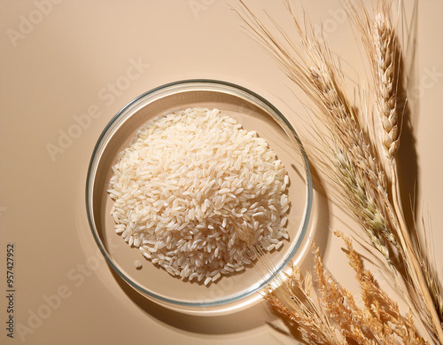 Natural Ingredients Showcase: Rice and Wheat Extract in Petri Dish for Cosmetic Advertising