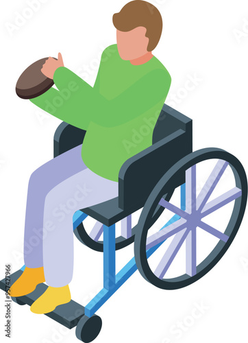 This isometric illustration depicts a young man in a wheelchair engaging in a recreational activity, symbolizing inclusivity and the pursuit of hobbies despite physical challenges