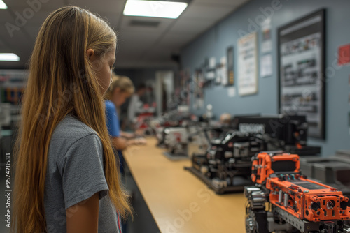 A girl is looking at a robot on a table