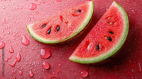   A pair of watermelon wedges resting on a crimson background with droplets of water splashing them photo