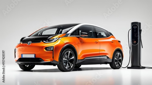 Orange Electric Car Plugged Into Charger