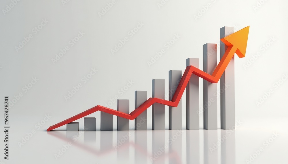 3D bar chart with an upward-pointing arrow representing growth and success against a neutral background. 3D bar chart with an upward-pointing arrow representing growth and success against a neutral background.