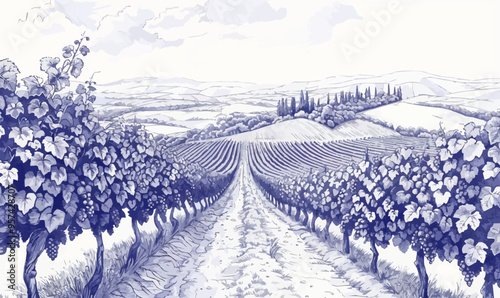 Linear vector illustration of a vineyard.
