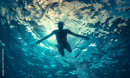Silhouette of a person swimming.