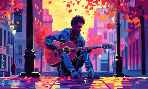 A flat vector of a street musician playing guitar.