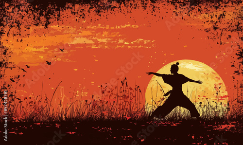 A silhouette vector of a person doing tai chi.