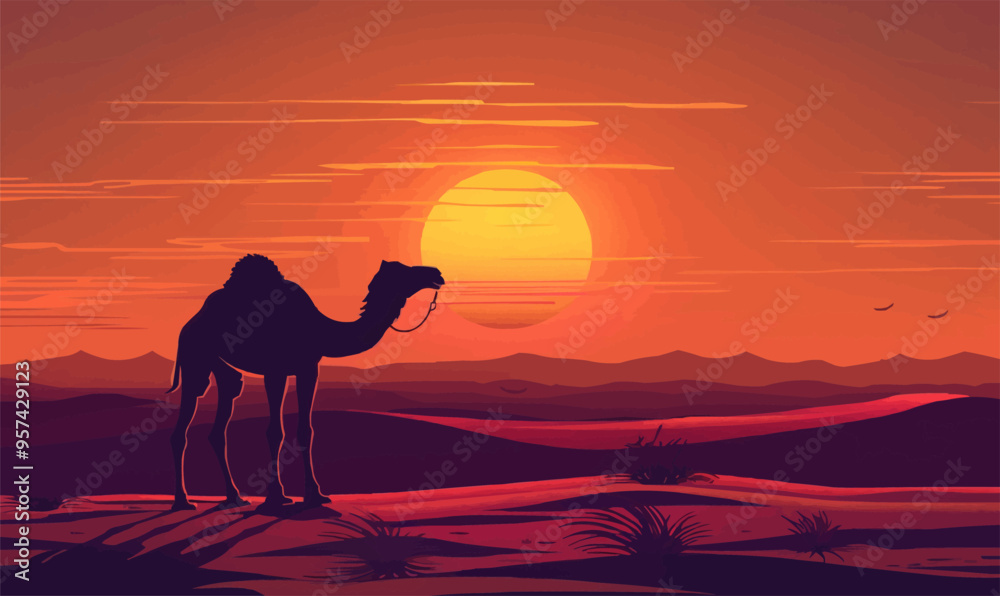 Silhouette vector of a camel in the desert.