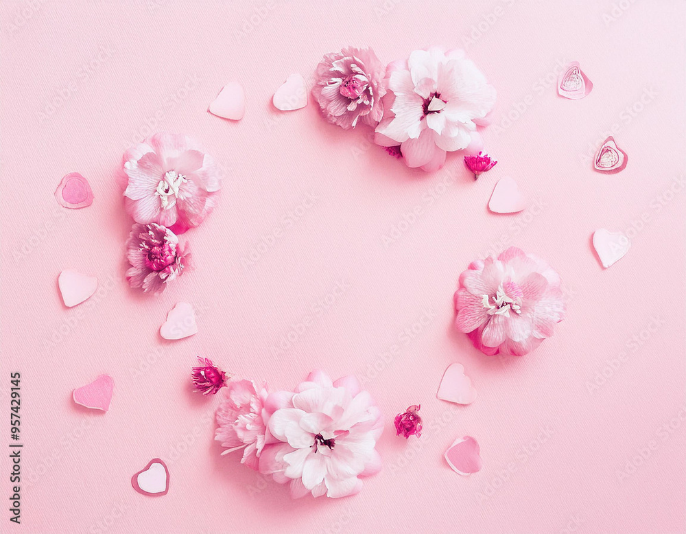 Obraz premium Romantic Valentine's Day Wreath: Pink Flowers and Hearts on Pastel Pink Background