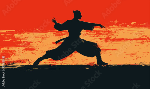 A silhouette vector of a person doing tai chi.