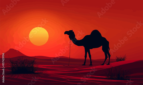 Silhouette vector of a camel in the desert.