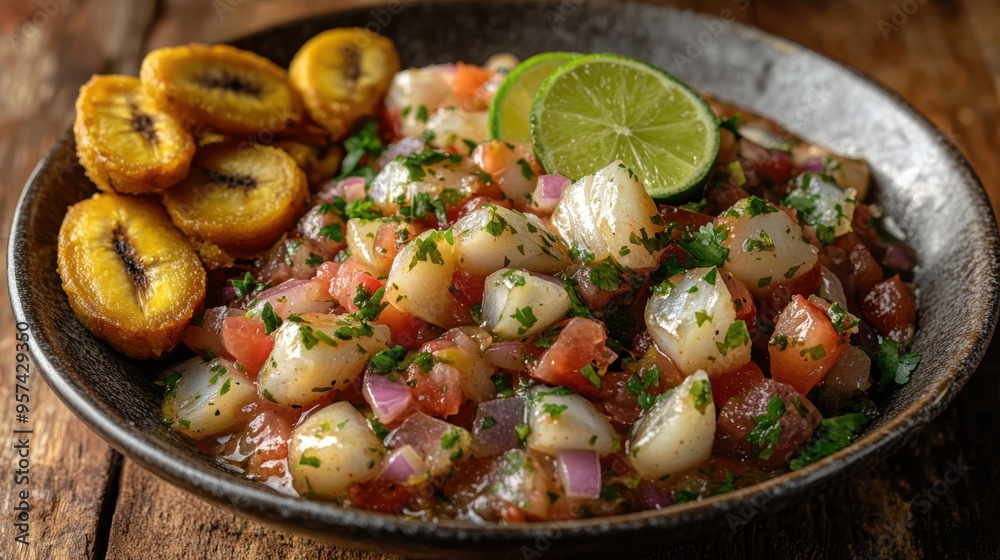 Delicious Peruvian Ceviche with Fresh Fish, Tomato, Onion, Cilantro, and Lime Served with Fried Plantains on a Rustic Wooden Table Delicious Peruvian Ceviche with Fresh Fish, Tomato, Onion, Cilantro, and Lime Served with Fried Plantains on a Rustic Wooden Table