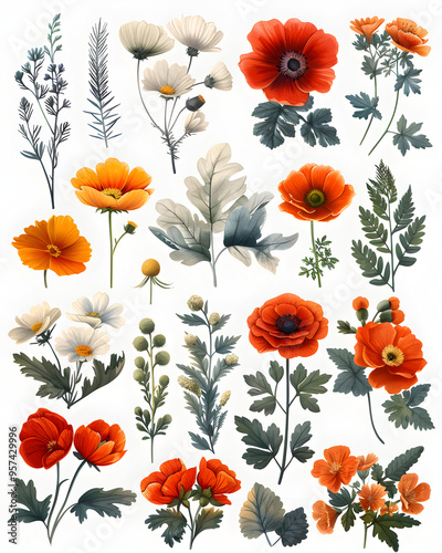 Seamless floral shapes and leaves for natural modern botany design. Minimalist nature elements collection.