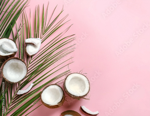 Tropical Flat Lay with Coconuts on Colorful Background Space for Text