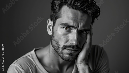 Pensive young Caucasian man with short hair and a beard, looking contemplatively into the camera.
