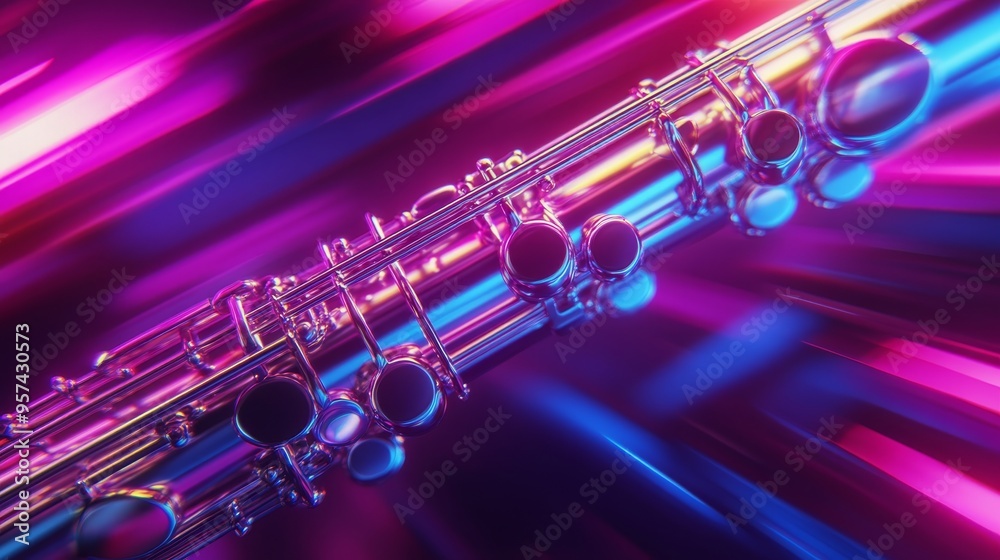 Fototapeta premium A silver flute is shown in a colorful, blurry background