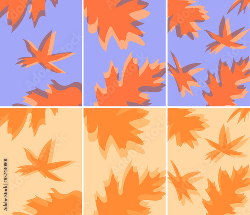 Golden Leaves Vibrant Autumn, Modern Pastel tones Fall Colors Vector Postcards Set Background