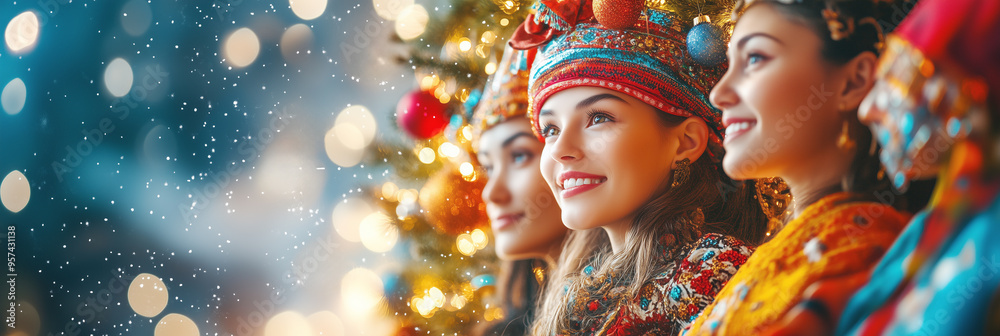 A close-up of three women in colorful traditional attire, smiling joyfully next to a Christmas tree. The festive background enhances the cultural celebration of the holidays. A close-up of three women in colorful traditional attire, smiling joyfully next to a Christmas tree. The festive background enhances the cultural celebration of the holidays.