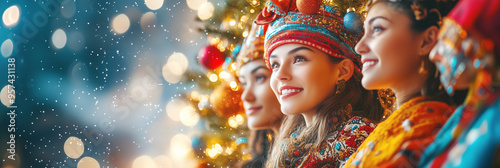 	A close-up of three women in colorful traditional attire, smiling joyfully next to a Christmas tree. The festive background enhances the cultural celebration of the holidays.
