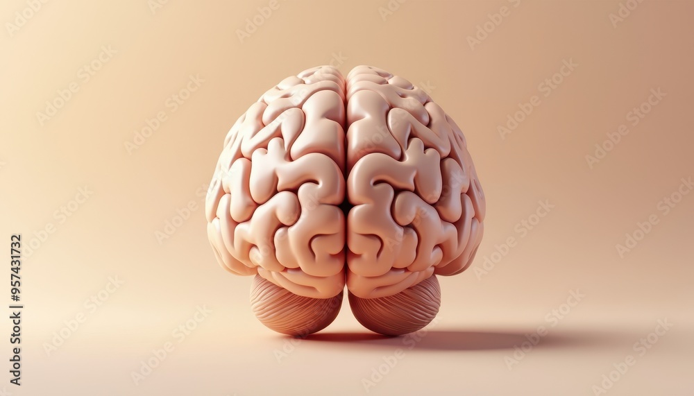 A detailed model of the human brain displayed against a neutral beige background. A detailed model of the human brain displayed against a neutral beige background.