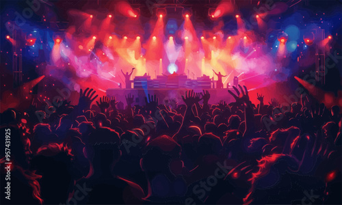 A flat vector of a music festival with a crowd.